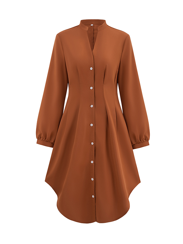 Buttoned No Belt Pleated Solid Color Long Sleeves Loose V-neck Shirt Dress Midi Dresses