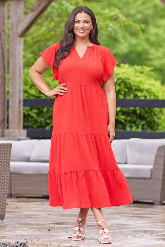 Plus Size Tiered Flutter Sleeve Midi Dress