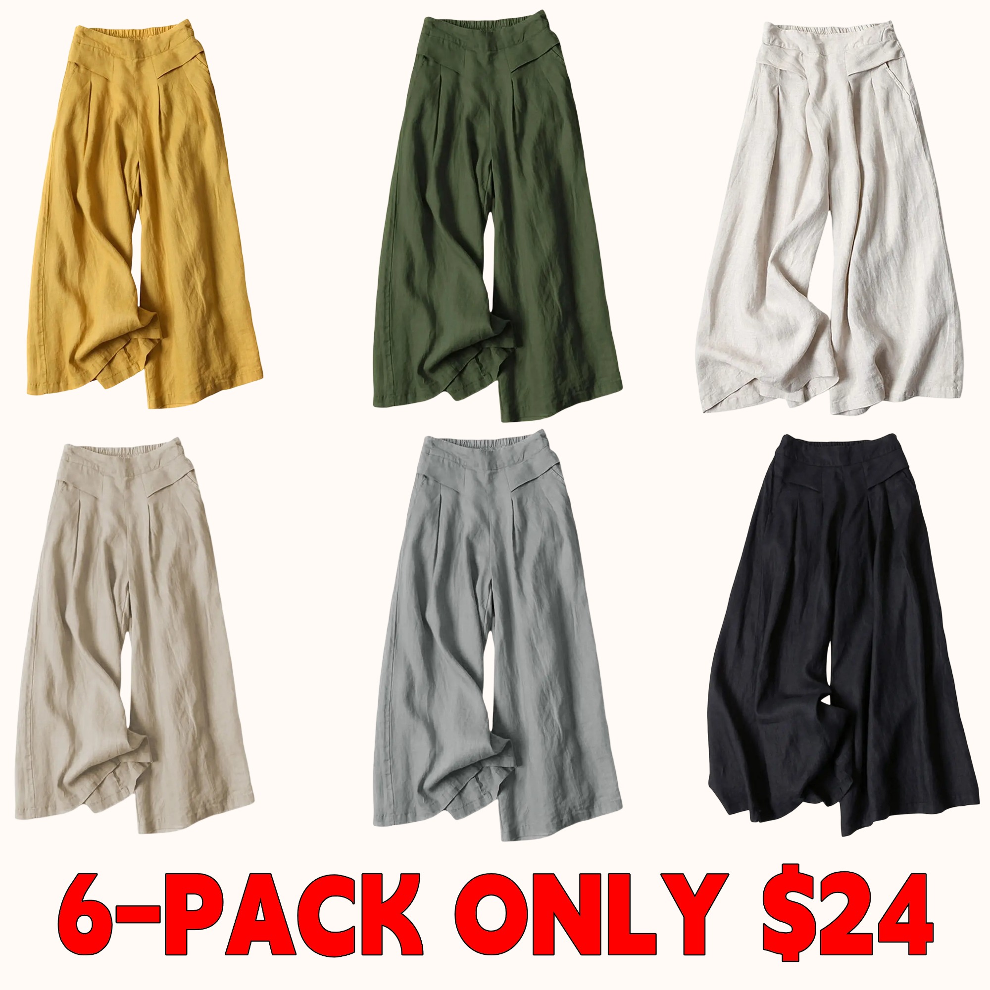 Women's Cotton-Linen Wide-Leg Pants — Elastic Waist, Wide-Leg Trousers & Capris (With Pockets)
