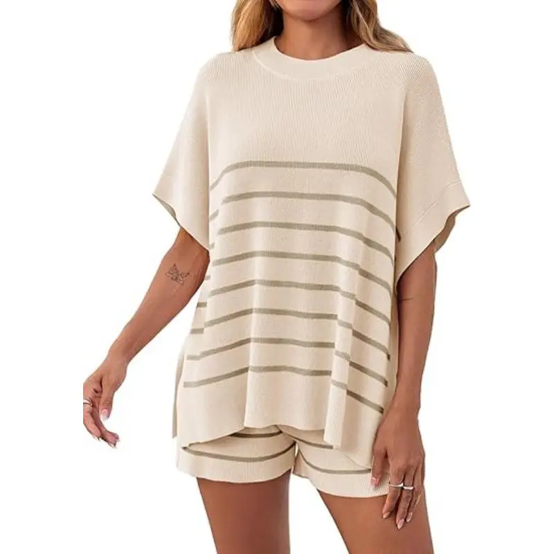 Women's Striped 2 Piece Outfits Oversized Batwing Short Sleeve Tops High Waisted Shorts Summer Knit Lounge Short Sets