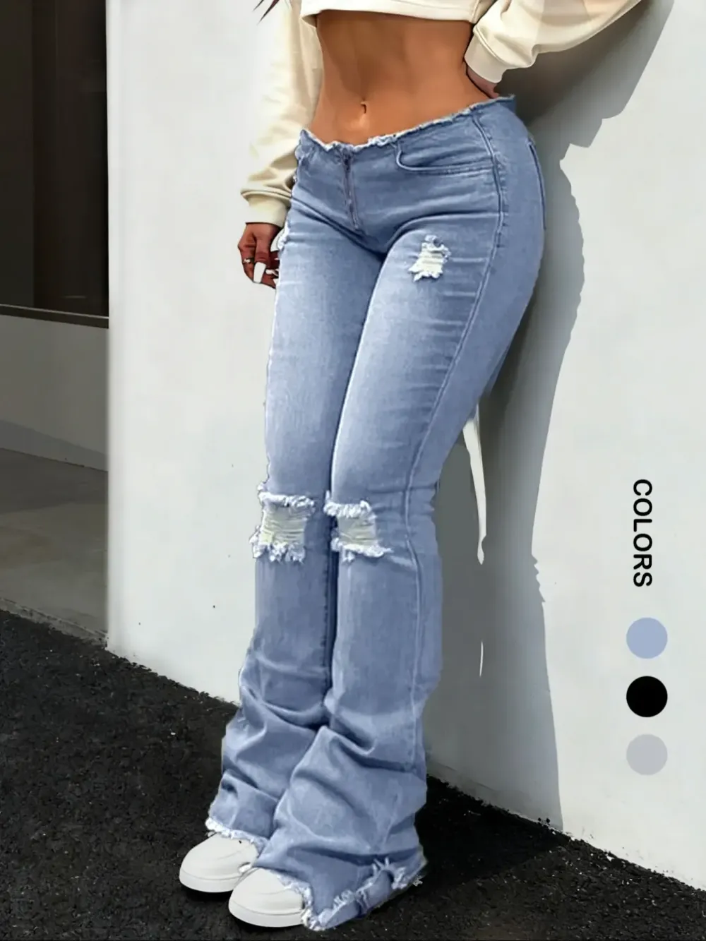 Women's Plain Ripped Flared Jeans, Street Fashion Casual Denim Pants for Daily Wear