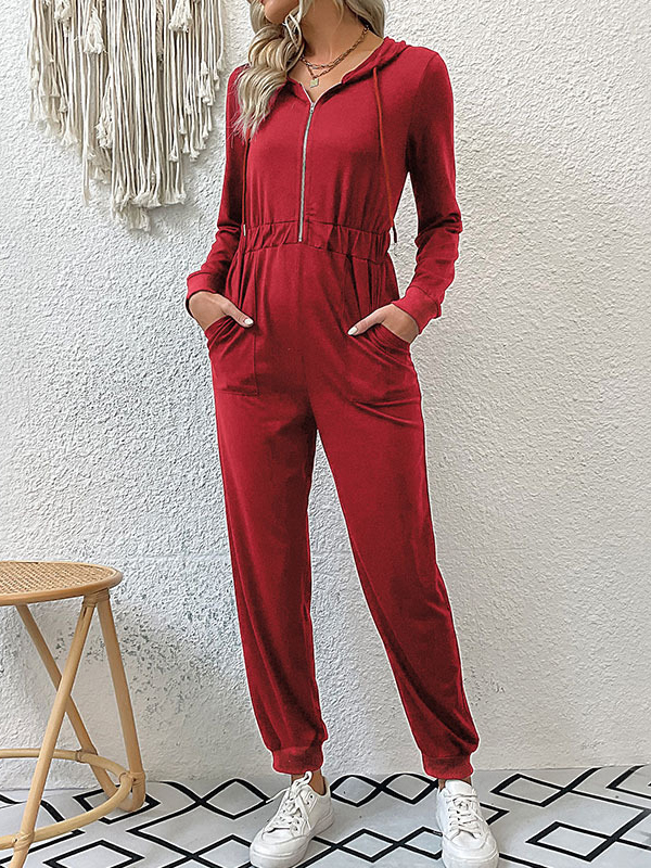 Elasticity Split-Joint Zipper Skinny Hooded Jumpsuits