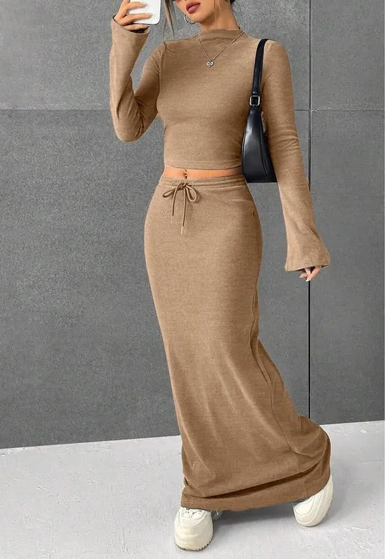 Women's Solid Flounce Sleeve Crop Tee & Skirt Two-piece Set