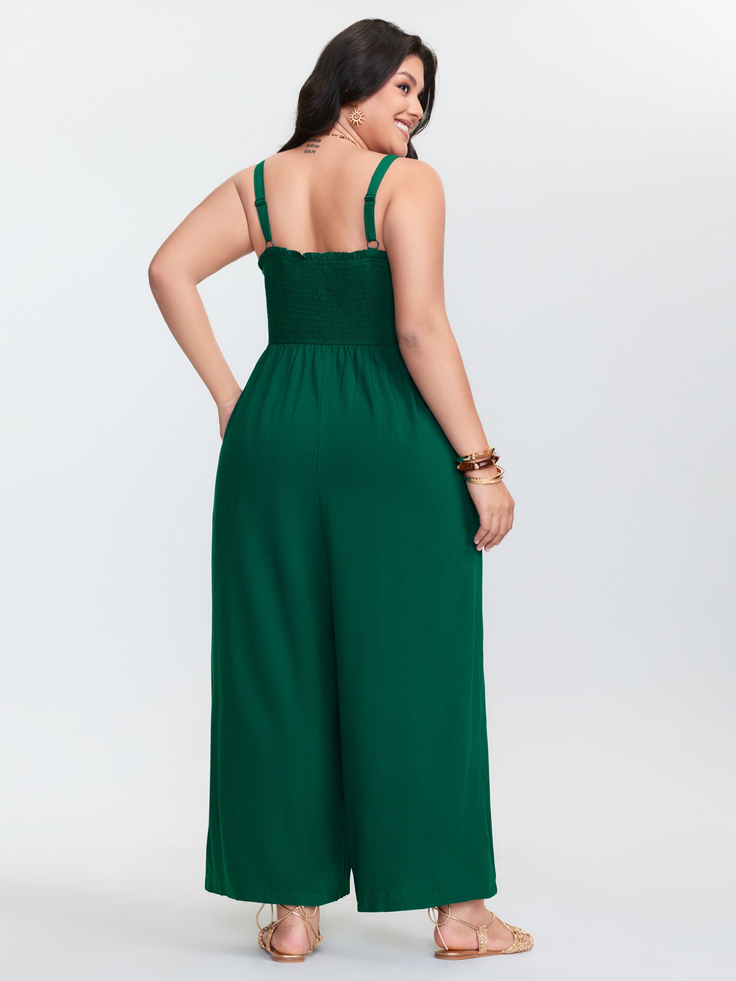 Shirred Bodice Adjustable Wide-Leg Jumpsuit