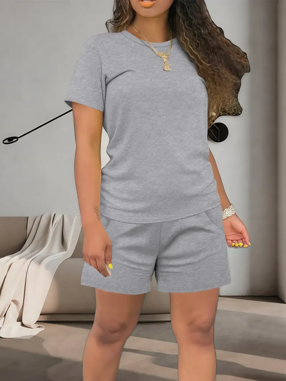 Women's Summer Casual Set, Regular Fit Short Sleeve Top & Shorts, Plain Color Women's