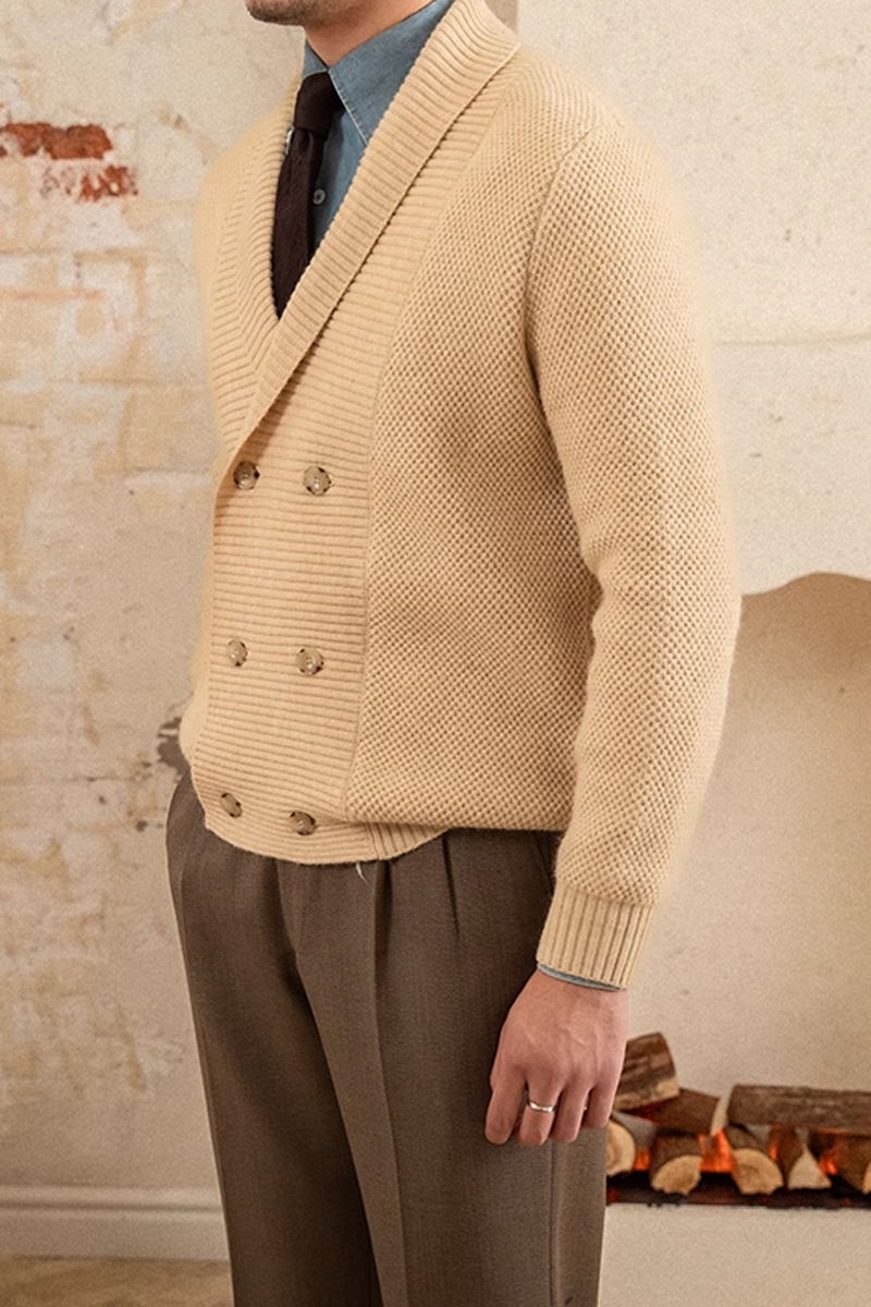 Men's Beige Double-Breasted Shawl Collar Cardigan