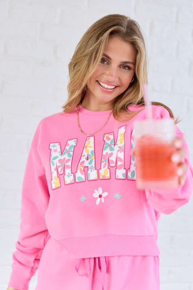 Mama Floral Print Pink Cropped Graphic Sweatshirt