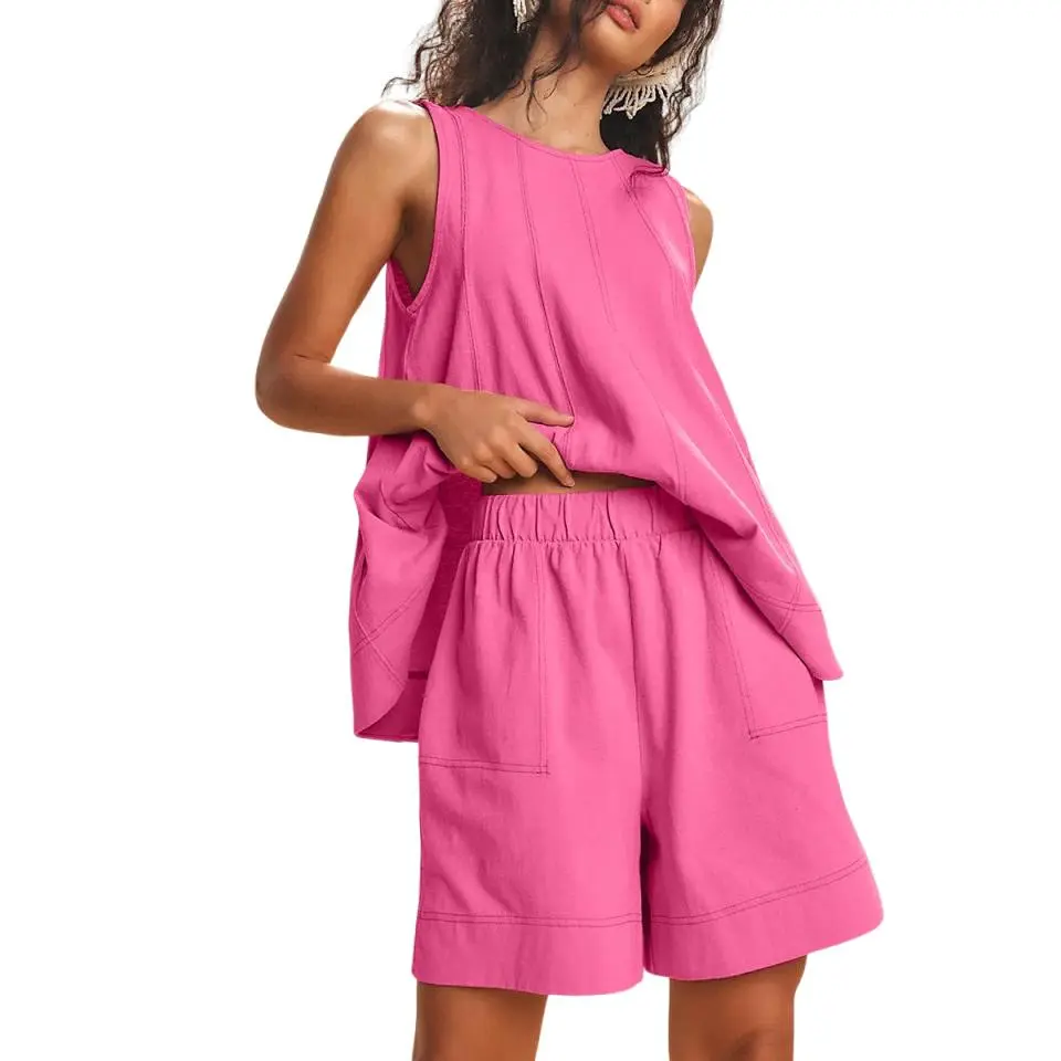 Womens 2 Piece Outfits Sleeveless Matching Sets A Line Tank Tops Contrast Stitching High Waist Shorts with Pockets