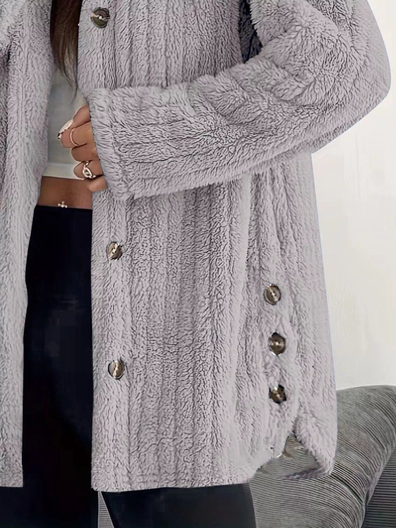 Full Size Fleece Button Up Hooded Outerwear Plus Size