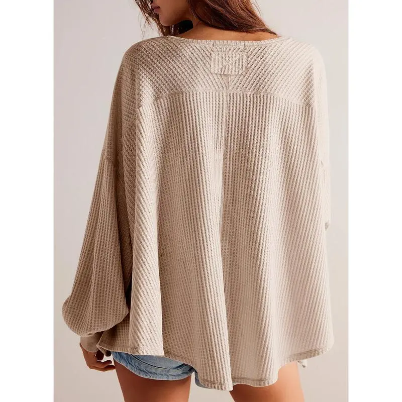 Casual Blouses V Neck Waffle Knit Tops
