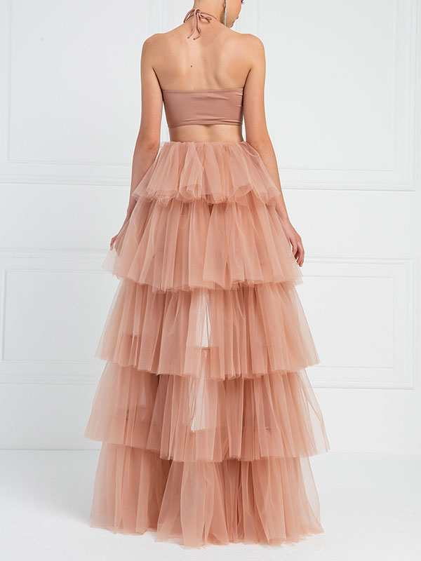Solid Color Ruffled Pleated A-Line Asymmetric Skirt Bottoms
