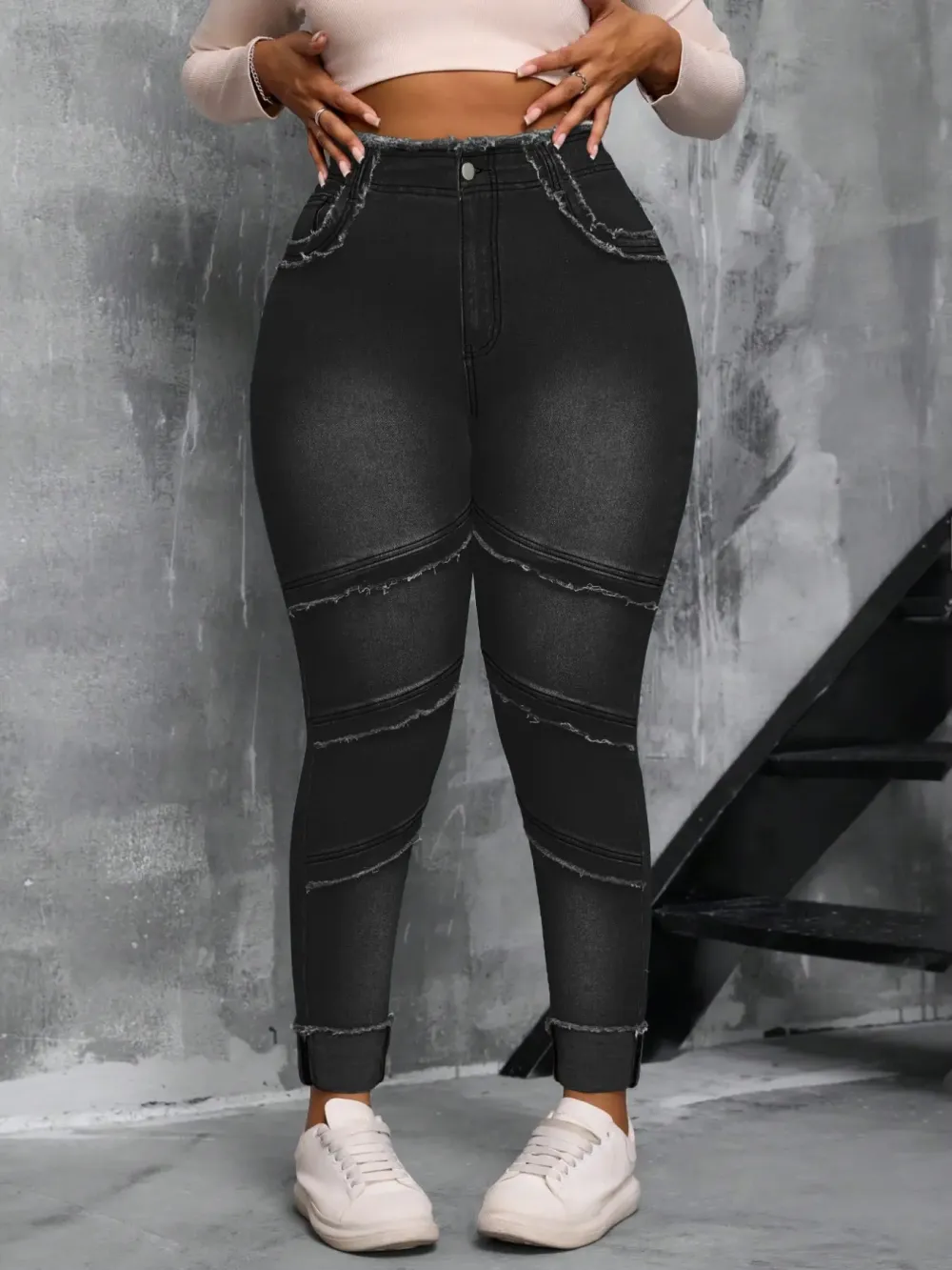 Raw Hem High-Waisted Denim Jeans with Pockets