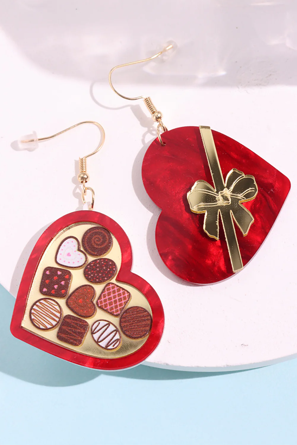 Fiery Red Box of Chocolate Heart Shape Dangle Earrings