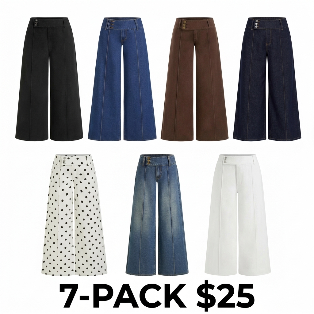 Women's Y2K Low Rise Wide Leg Jeans – 100% Cotton Triple Button Denim Trousers