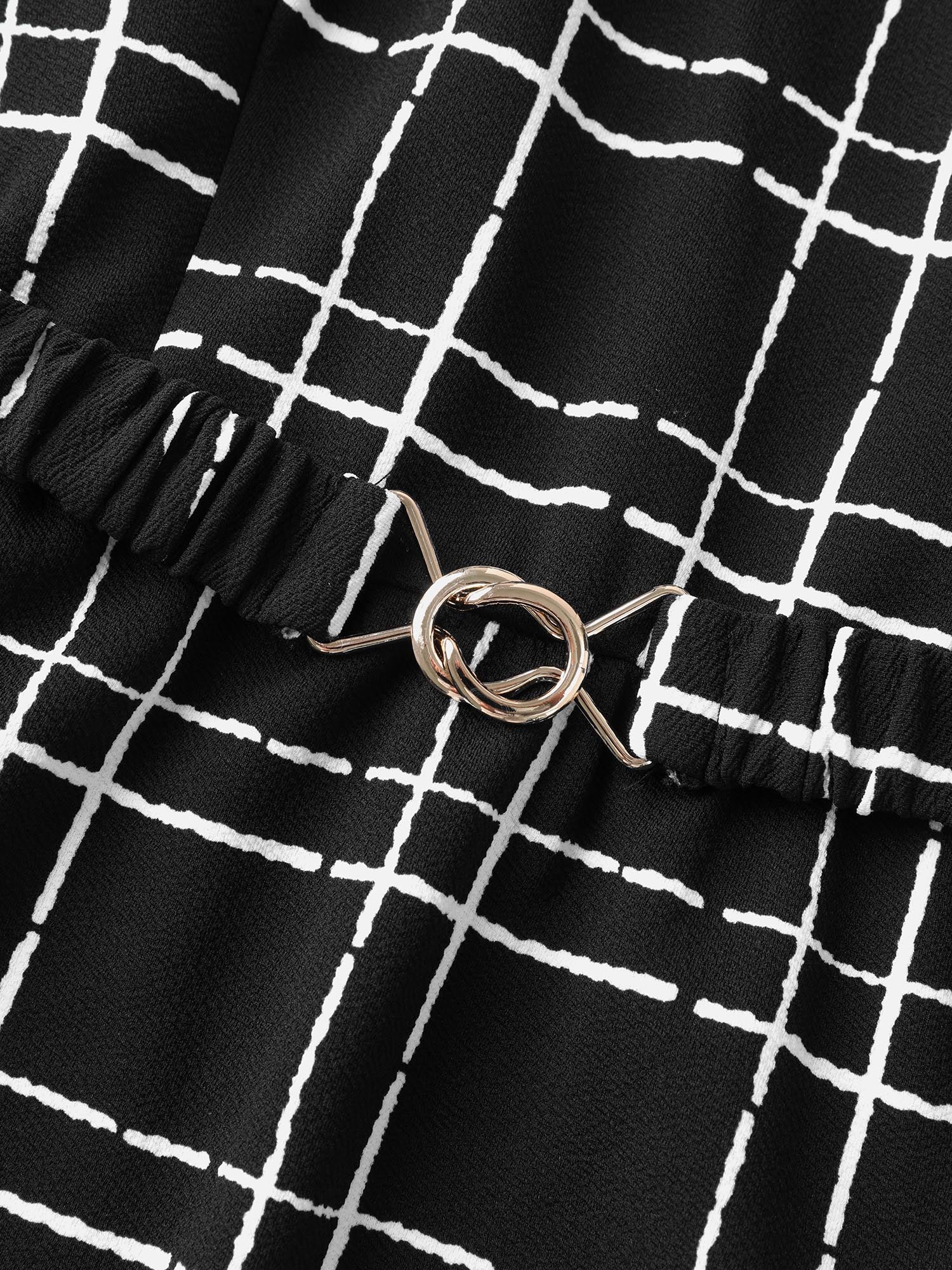 Grid Print Knit Belted Midi Dress