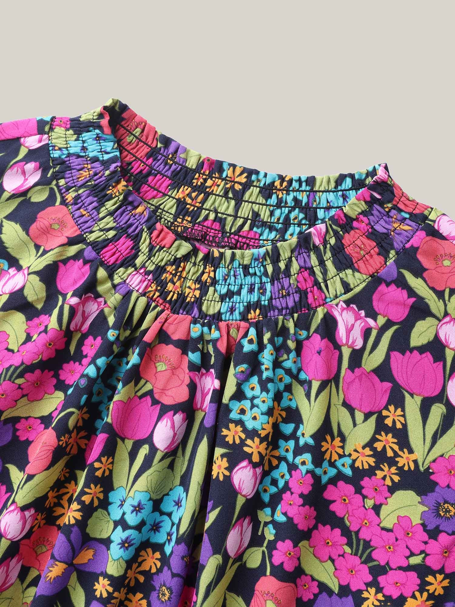 Floral Print Shirred Pockets Midi Dress