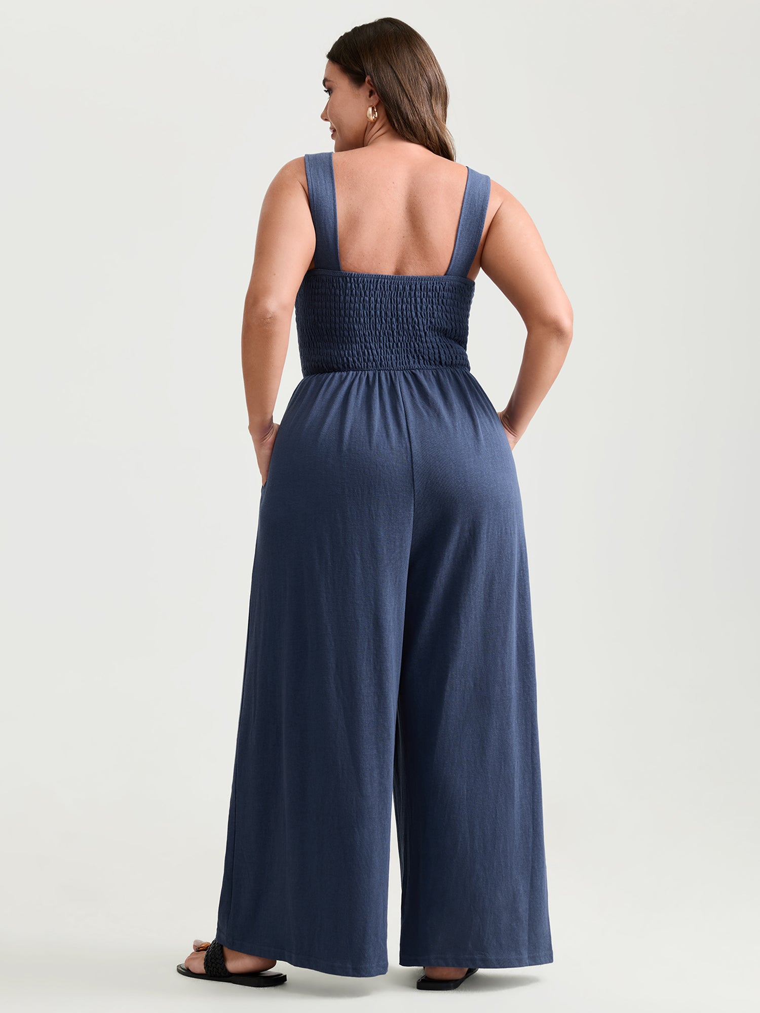 Shirred A-Line Wide Strap Jumpsuit