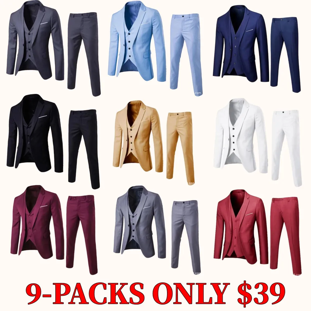 Men's three-piece suit, casual solid-color slim-fit formal wear