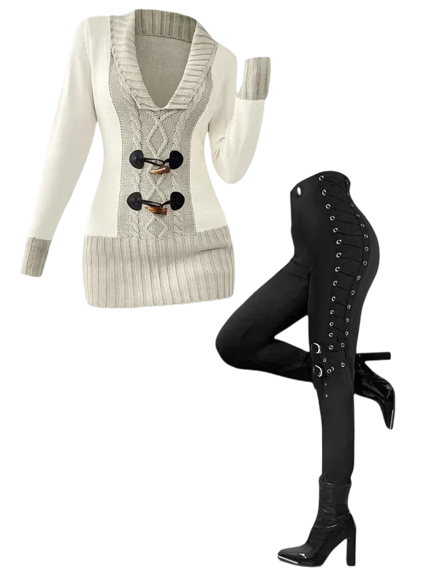Women's suit: faux horn button sweater and loop-buttoned leggings