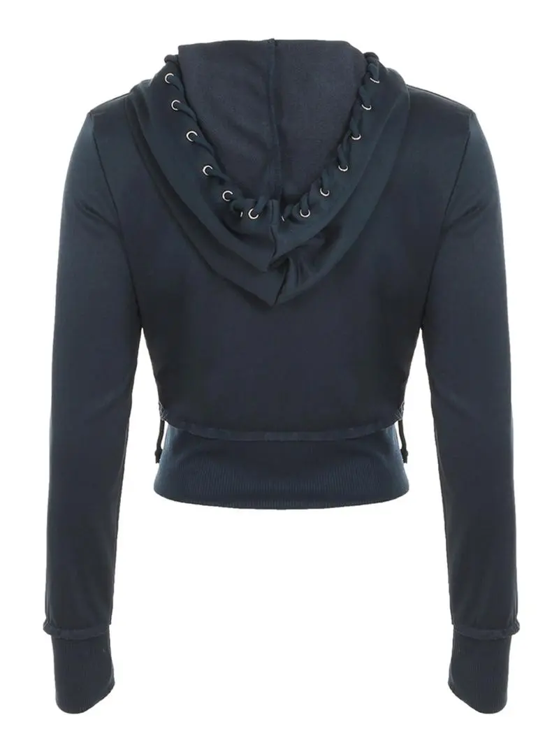 Women's Solid Drawstring Zip Up Crop Hooded Jacket Sets