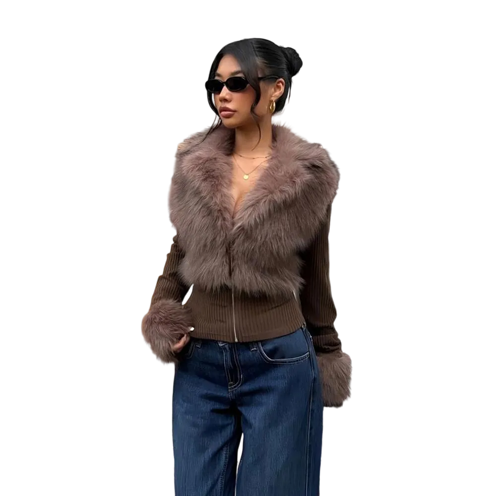 Women's Fashion Street Style Patchwork Knit Faux Fur Jacket