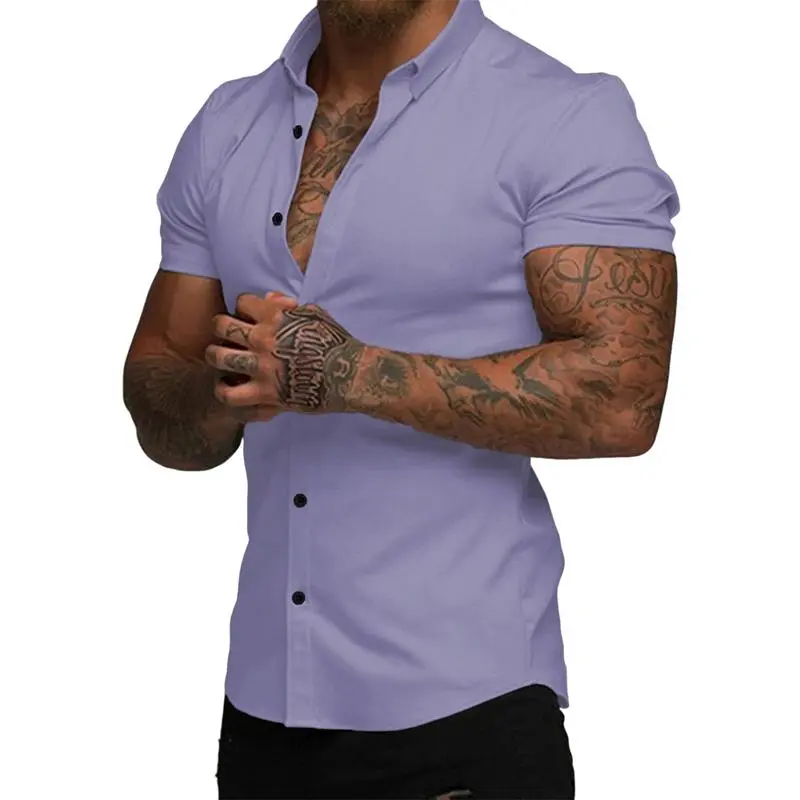 Mens Muscle Fit Dress Shirts Casual Button Down Shirt Short Sleeve Wrinkle-Free Shirts