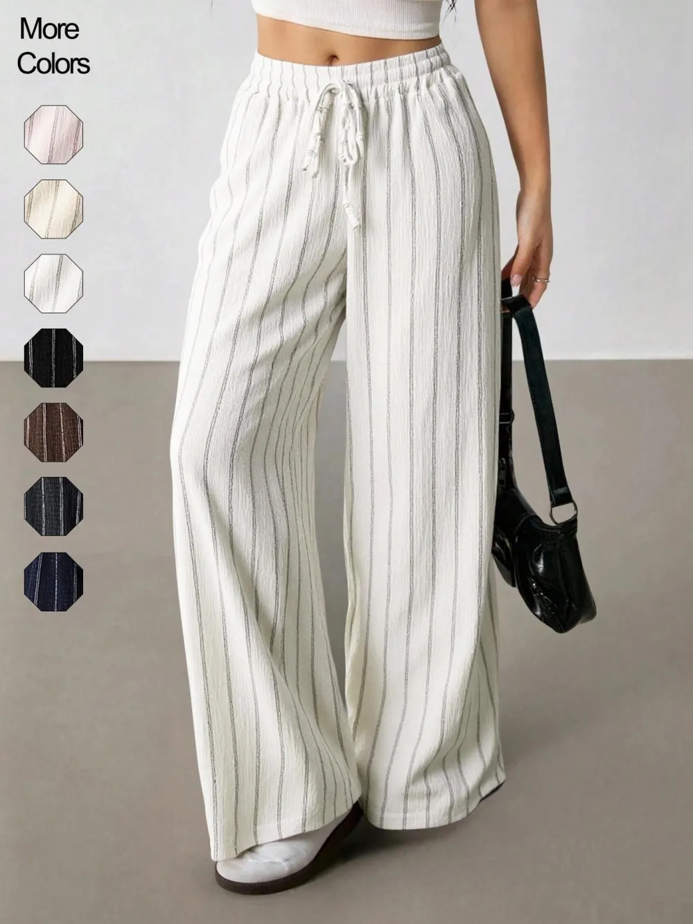 Women's Striped Waist Tie Straight Leg Loose Casual Belted Pants, Fitted Style