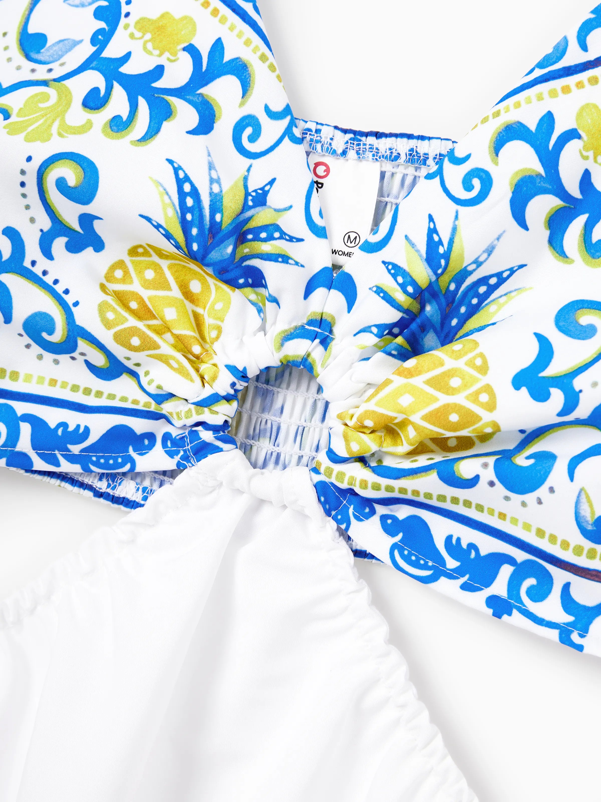 Family Matching Vacation Set Tropical Pineapple Coconut Tree Print Short-sleeve T-shirt or Hollow out Strap Dress for Summer Vacation  White