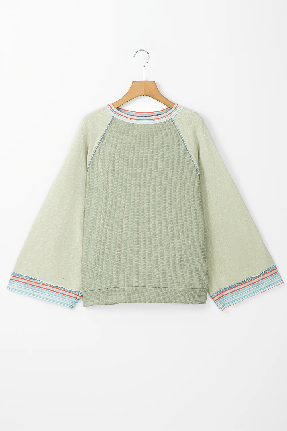 Meadow Mist Waffle Knit Wide Bracelet Sleeve Patchwork Raglan Top
