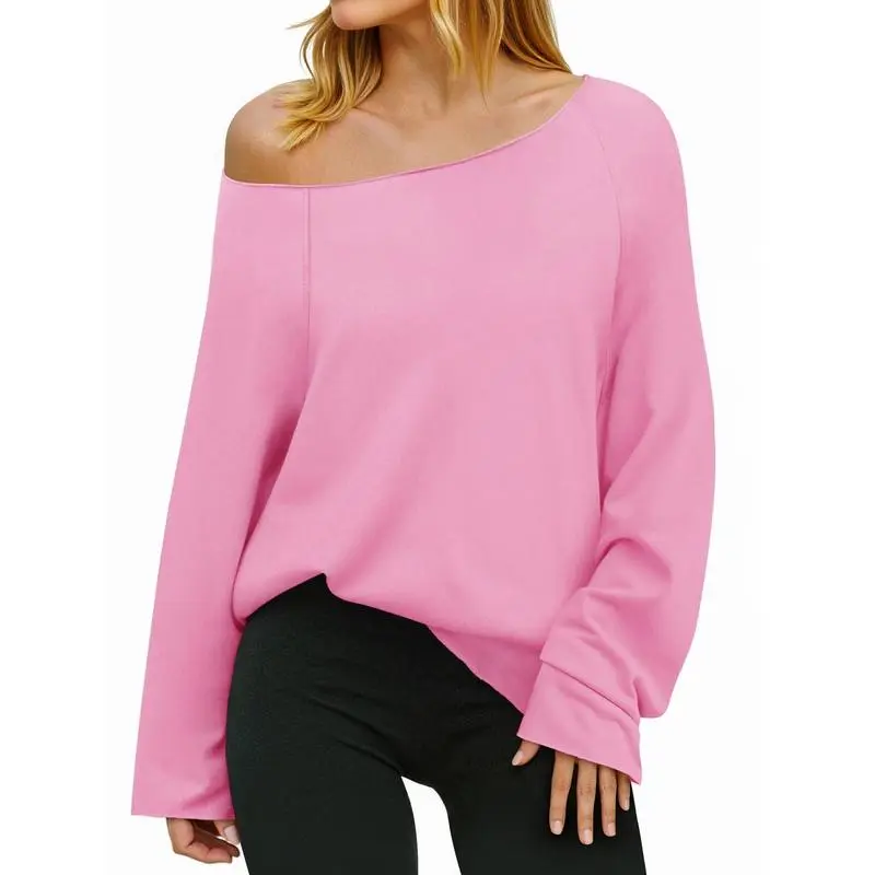 Womens Off the Shoulder Sweatshirts Wide Neckline Oversized Pullovers Long Sleeve