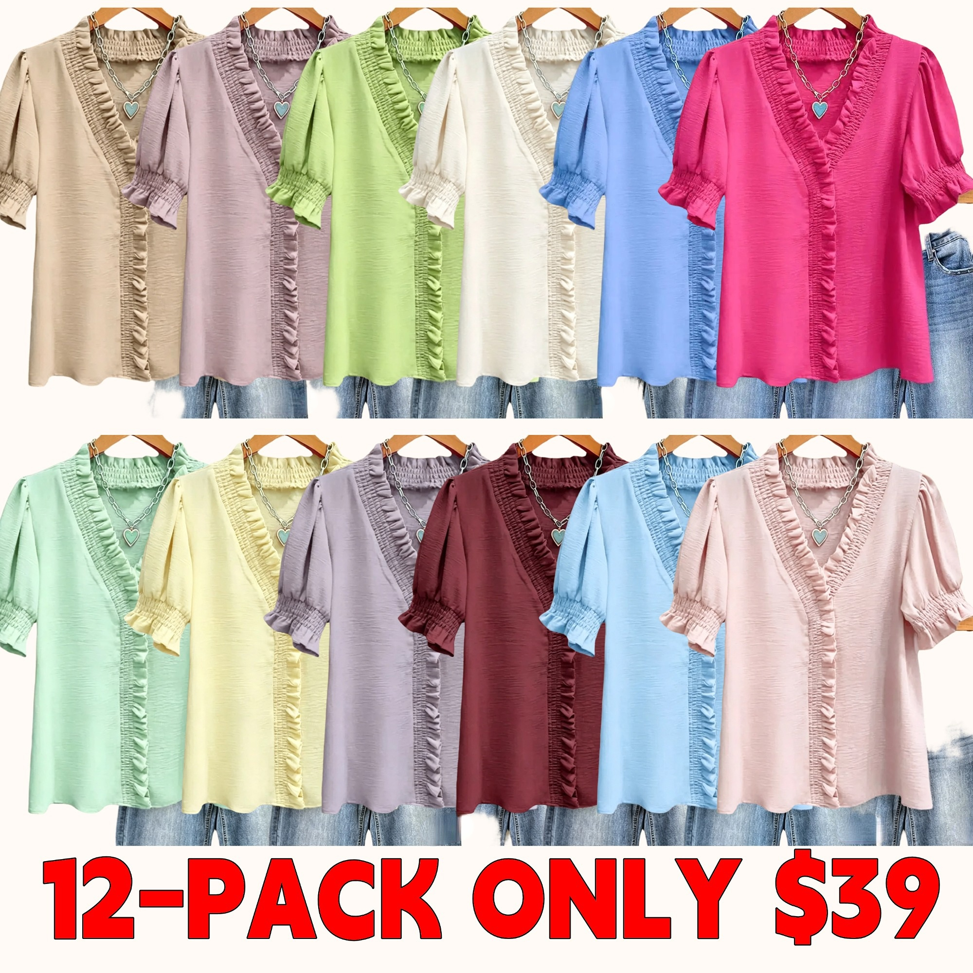 A bright pink V-neck shirt with ruffled details, featuring pleats at the cuffs and front, made of soft fabric.