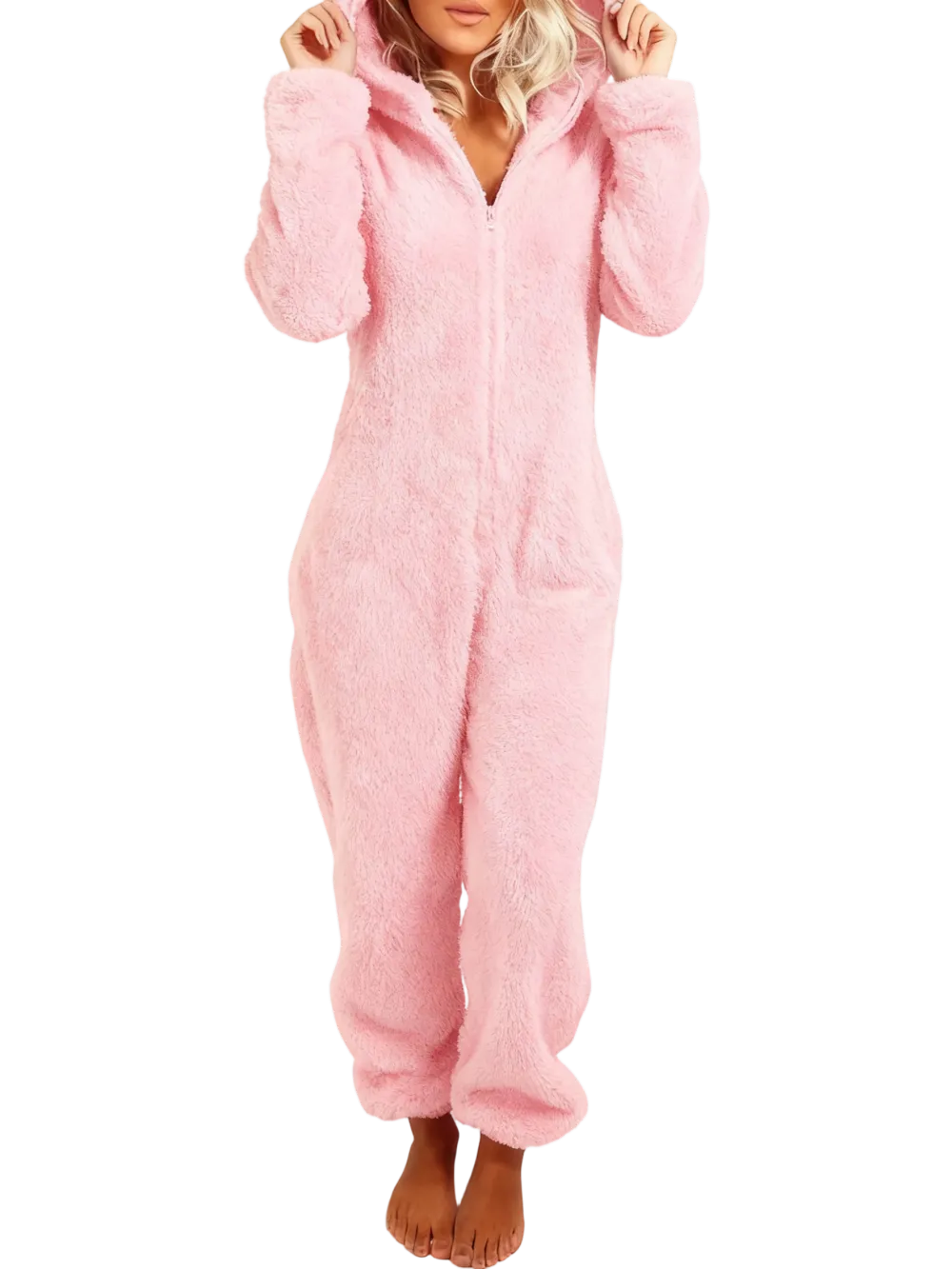 Women's Solid Zipper Hooded Plush Pajama Jumpsuit