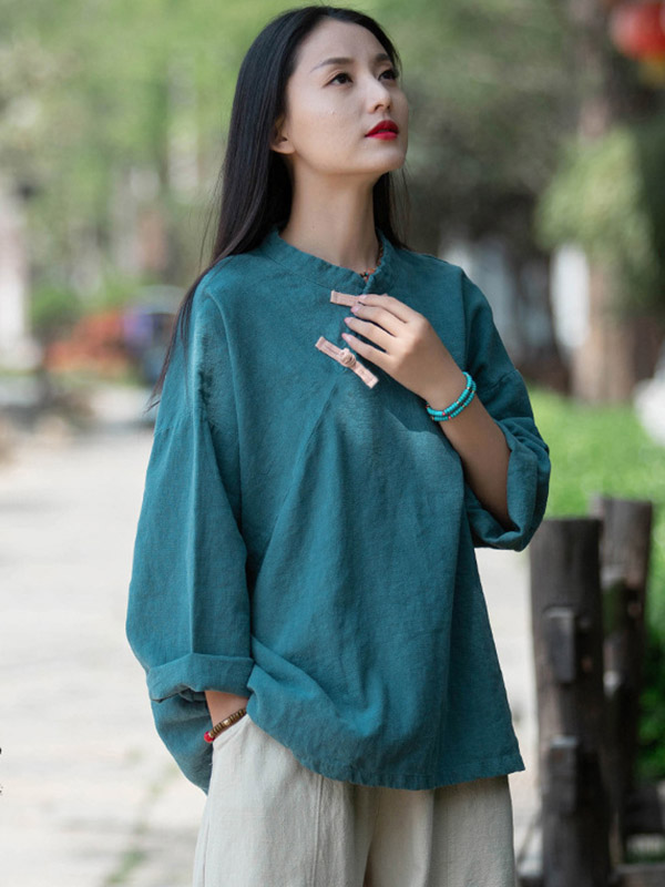 Vintage Linen Frog Loose Long Sleeve Shirt Tops