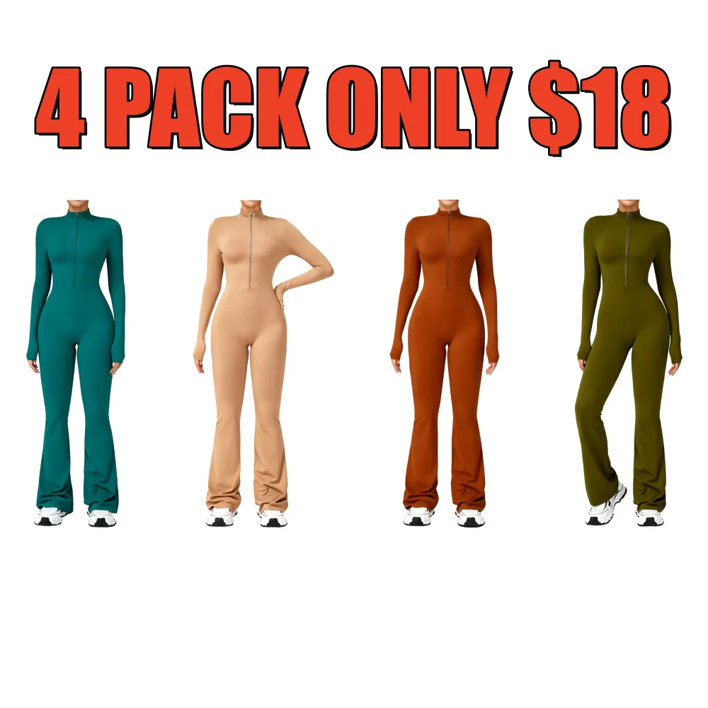Women's Long Sleeve Flared Sports Jumpsuit - Zipper Jumpsuit