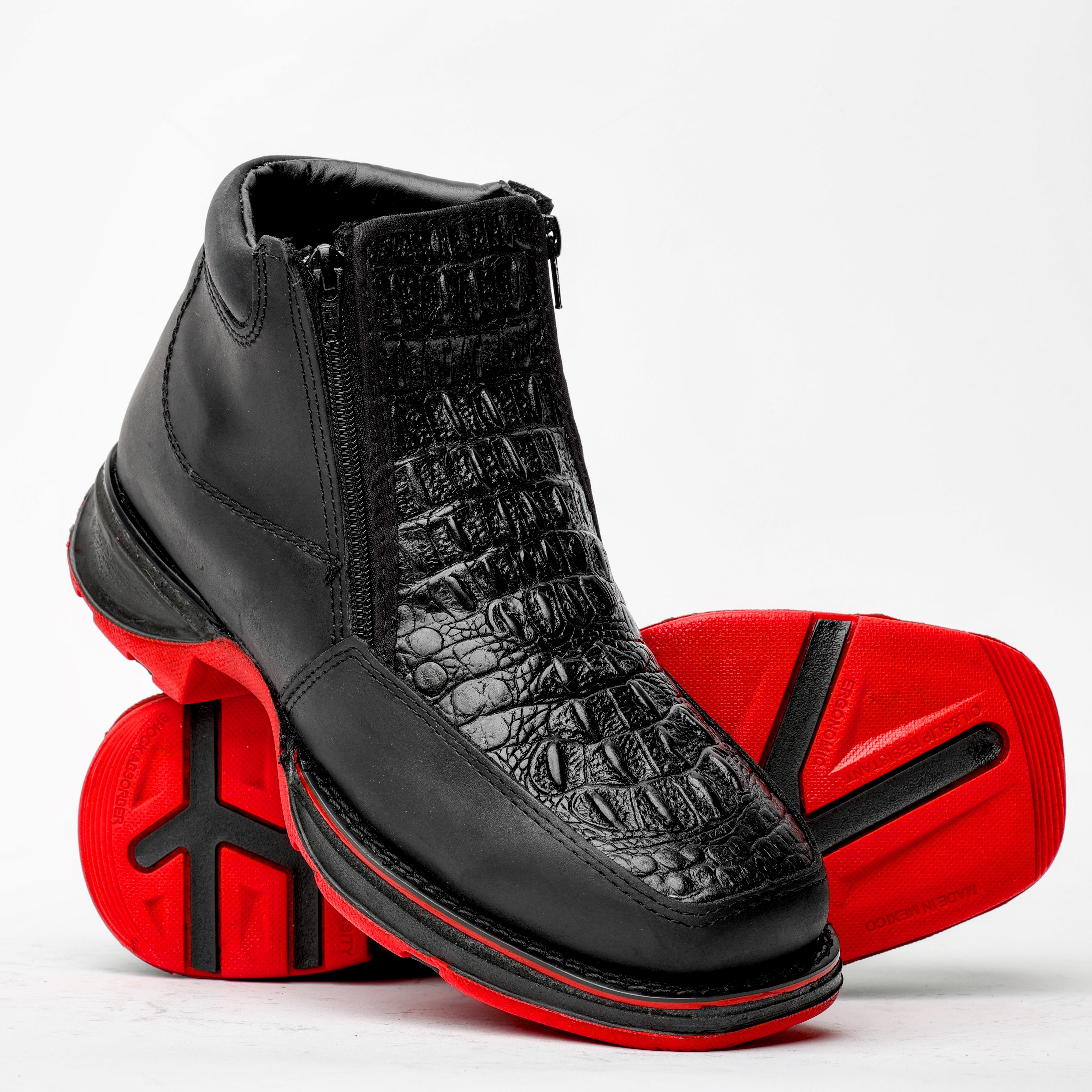 Black Caiman Leather Botin With 3D Lightweight Soles - Square Toe
