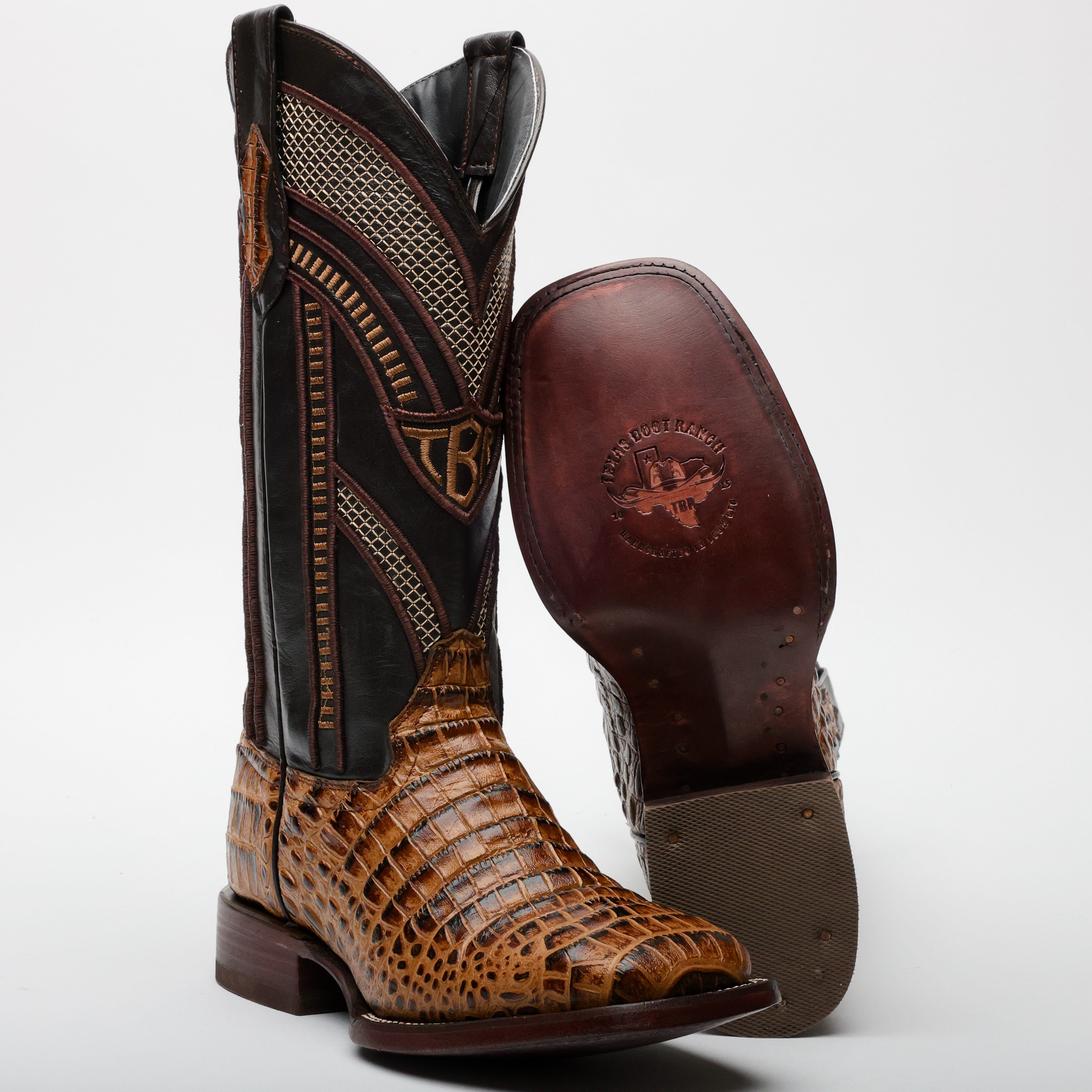 Honey Caiman Belly Leather Boots - Square Toe