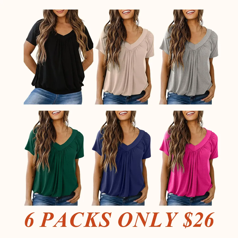Women's Casual Summer Short Sleeve V Neck Tops T-shirts - Loose Fit & Comfortable Shirring Top