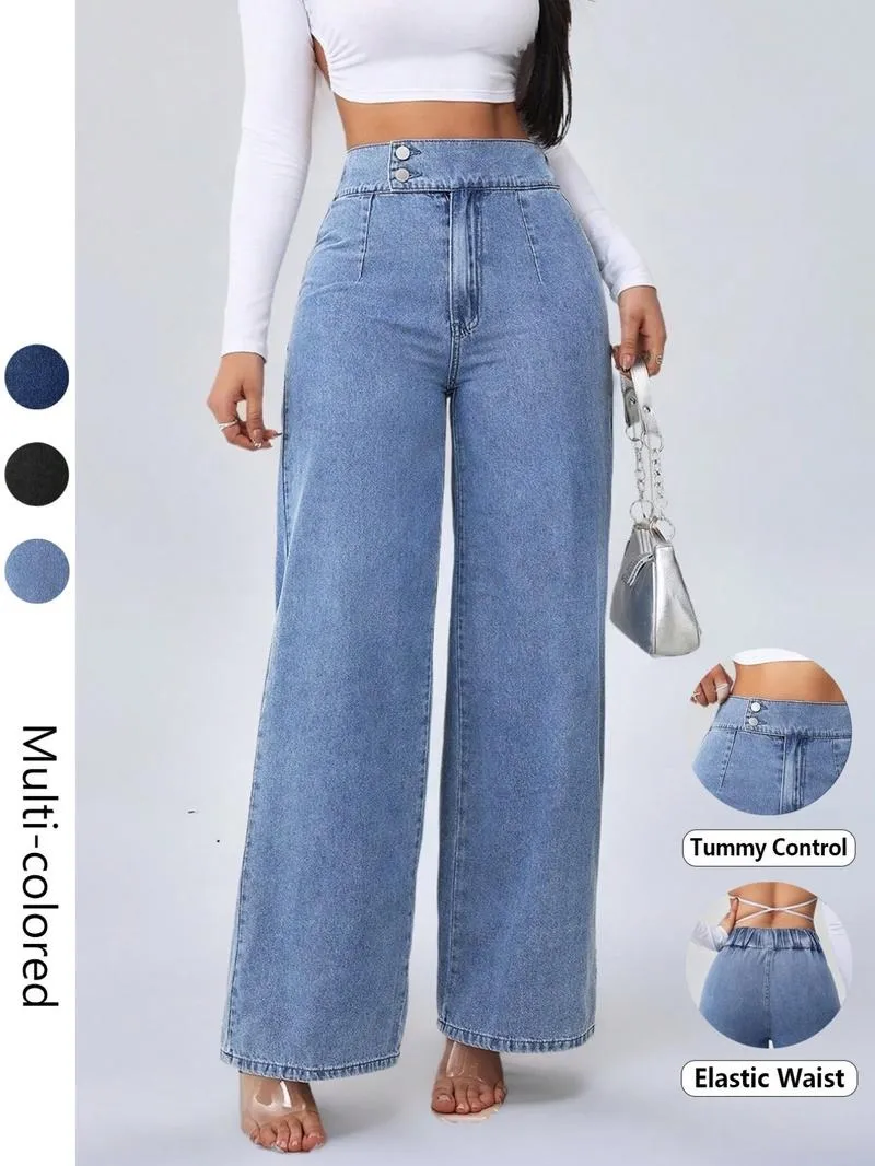 Women's vintage elegant high-waisted wide-leg jeans