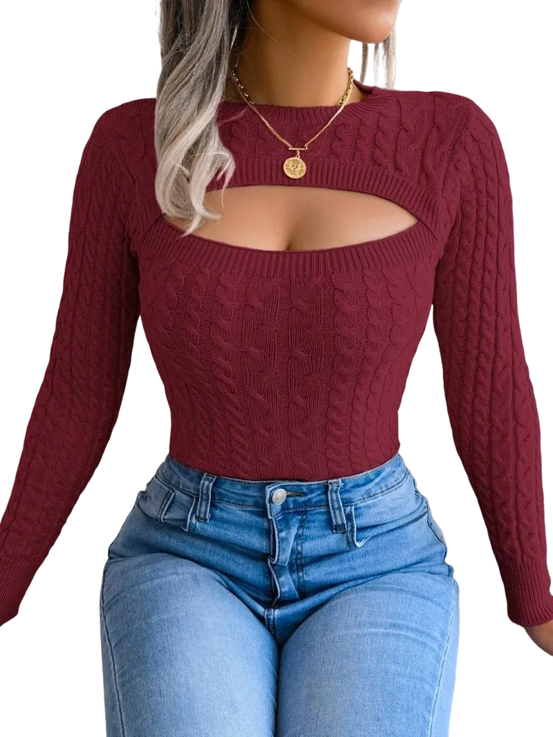 Women's solid color openwork round neck sweater