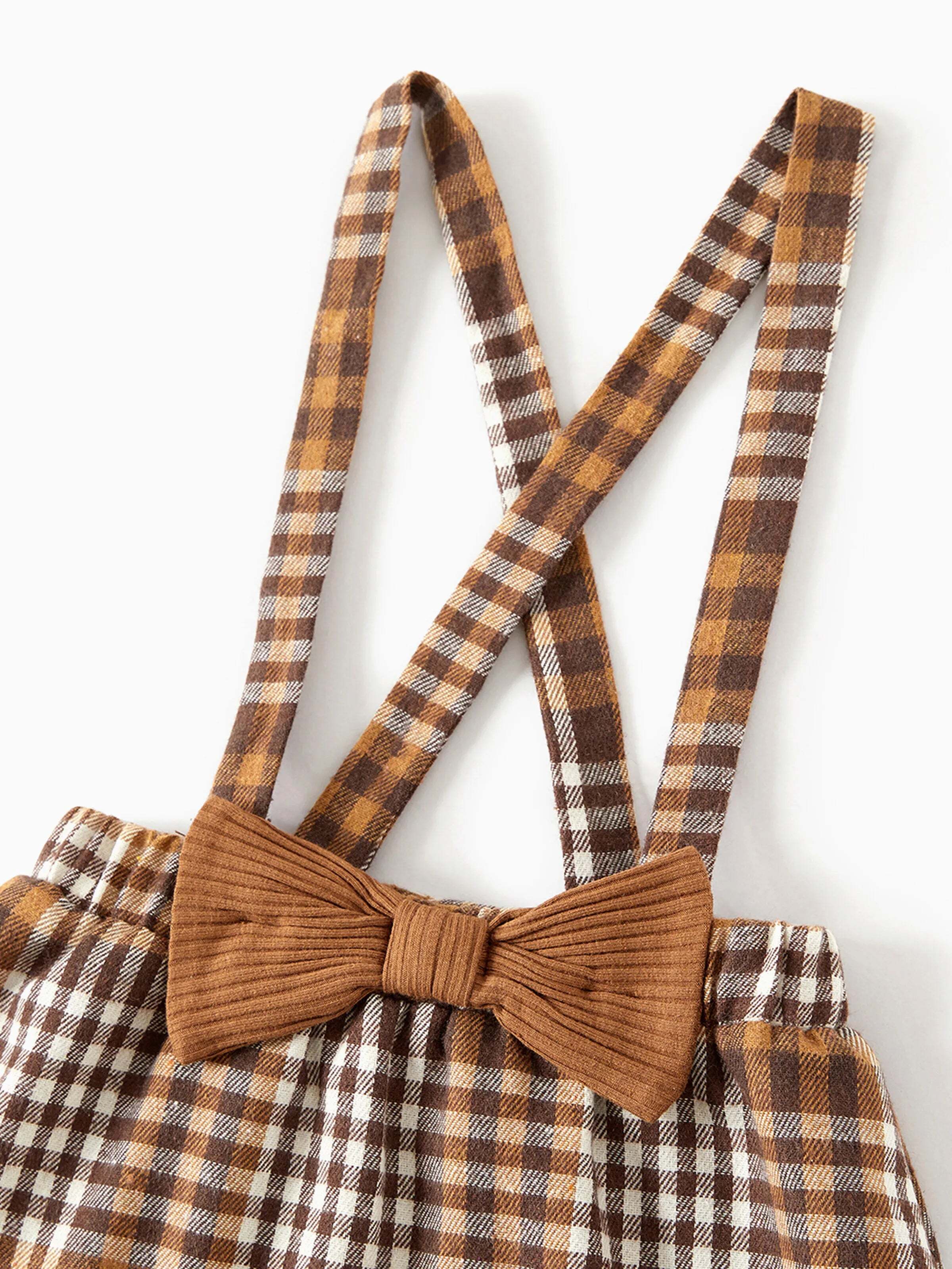 Family Matching Coffee Ribbed Spliced Plaid Belted Dresses and Long-sleeve Colorblock Tops Set Coffee