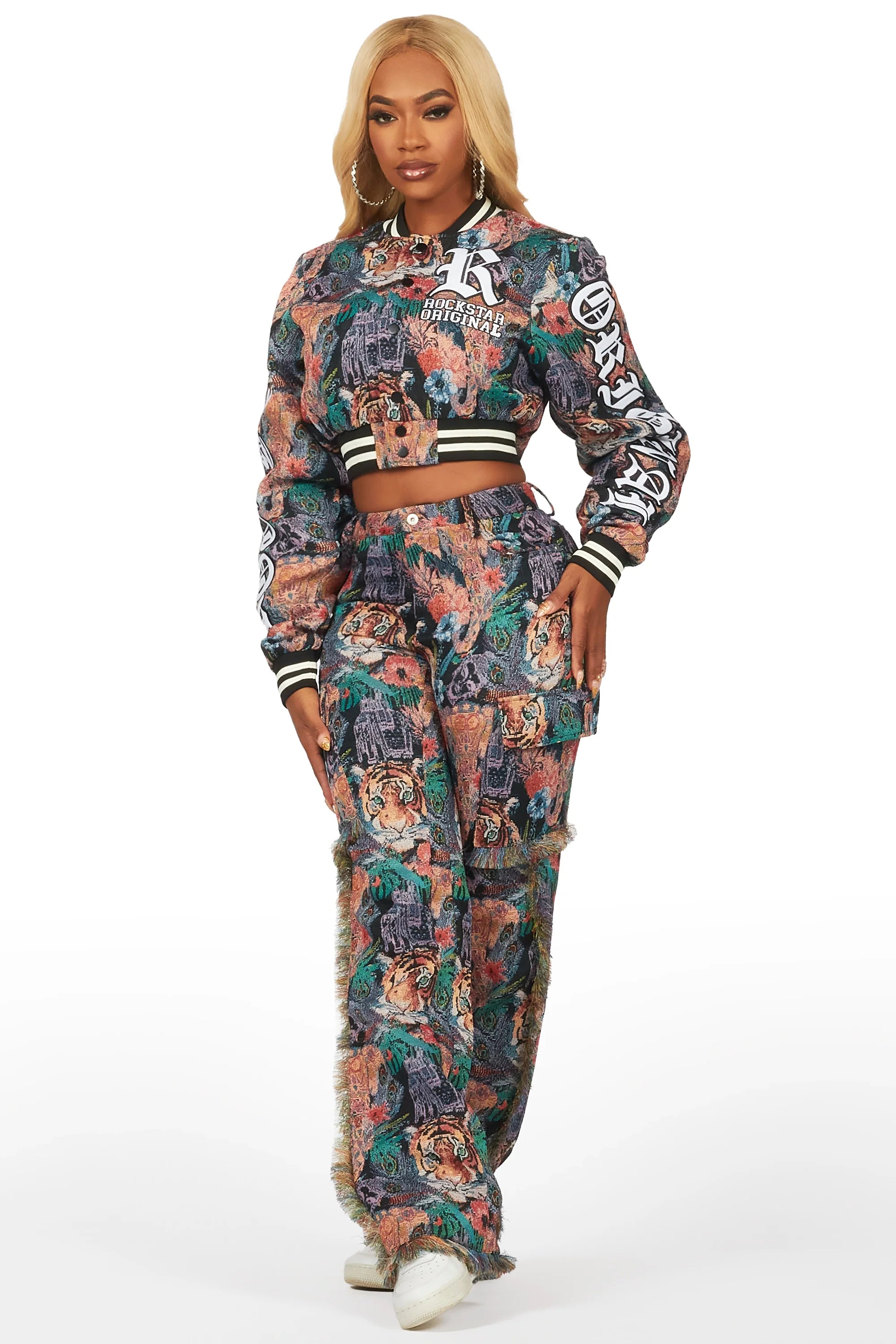 Rena Black Crop Tapestry Varsity Jacket