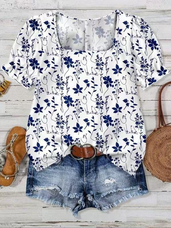 Puff Sleeve Loose Square Neck Floral Elegant T-Shirt