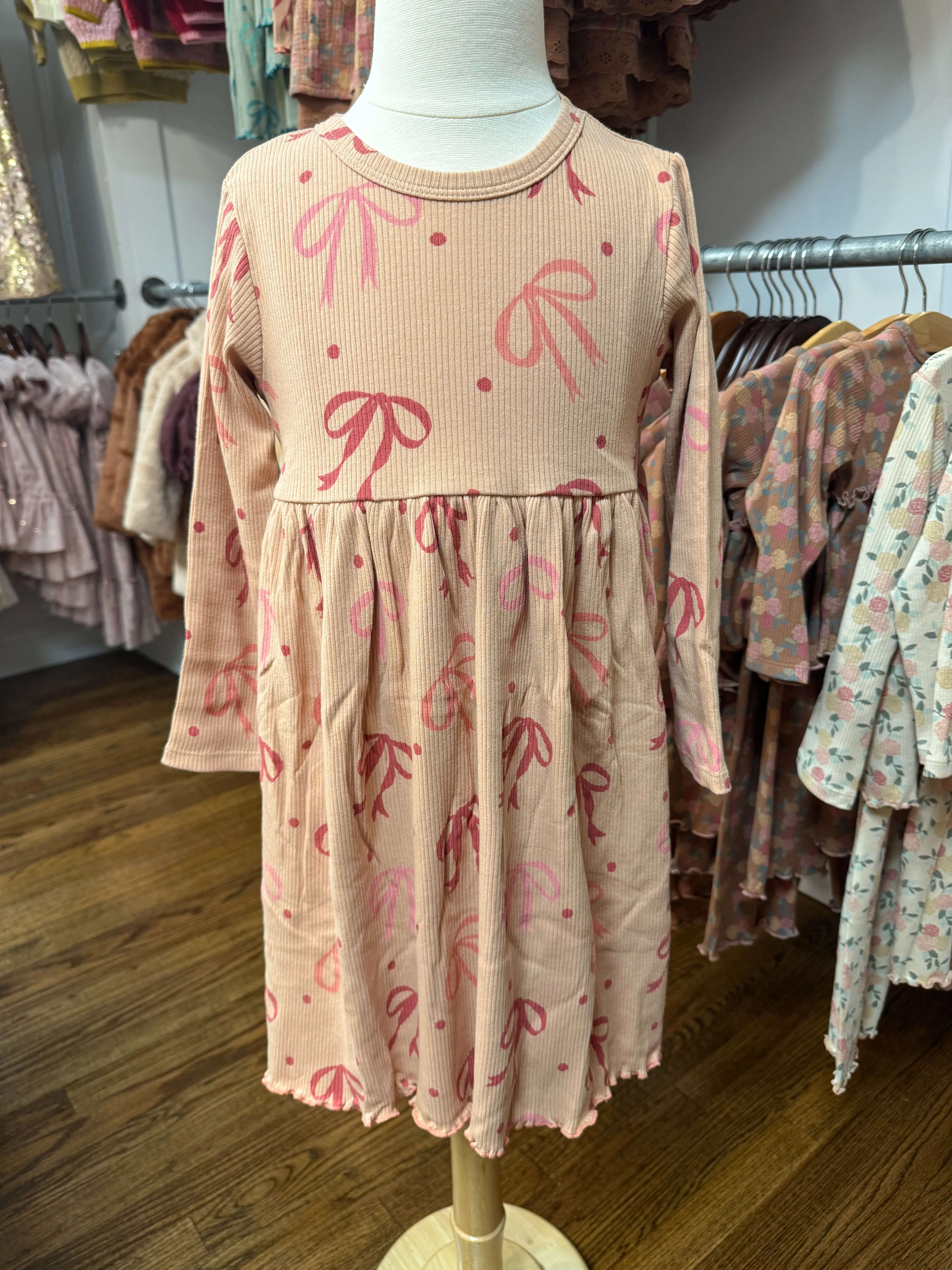 Rib Long Sleeve Dress: Pink Bows