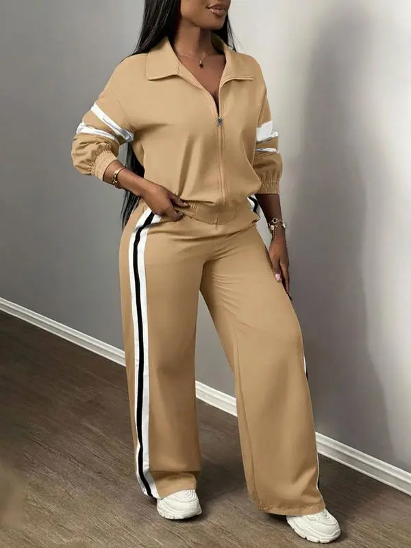 Women'S Zipper Jacket & Striped Wide-Leg Pants Set, Streetwear & Casual, Two-Piece Suit For Daily Wear