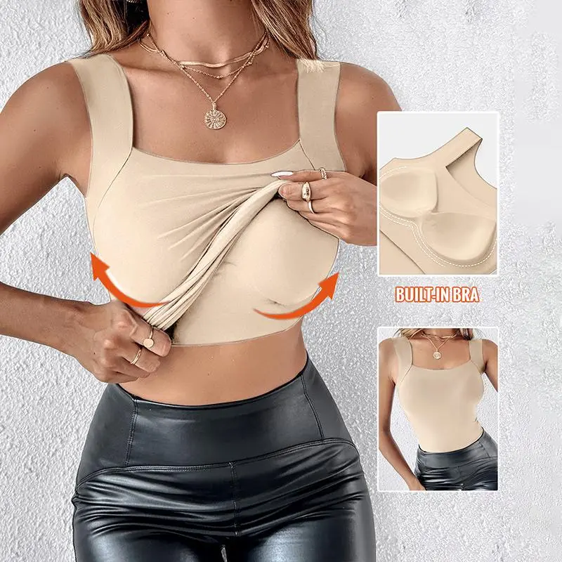 Women's U Neck Shapewear Built-in Bra Tank High Strechy Sleeveless Slim Fit Tops Camisole