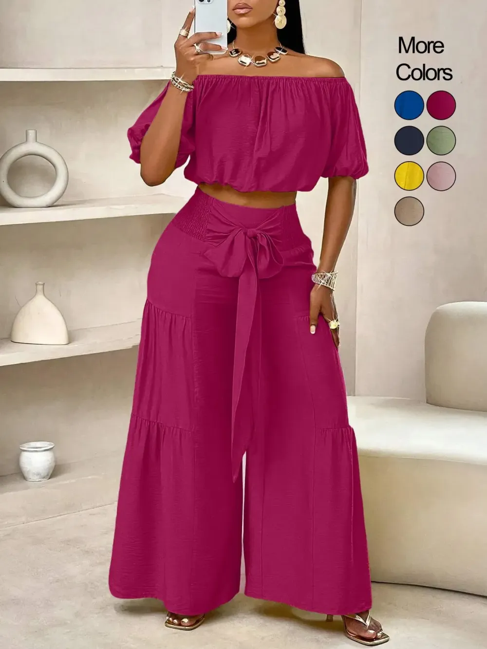 Women's Solid Color Top & Wide Leg Pants Set, Casual Off Shoulder Top & Palazzo Pants for Summer