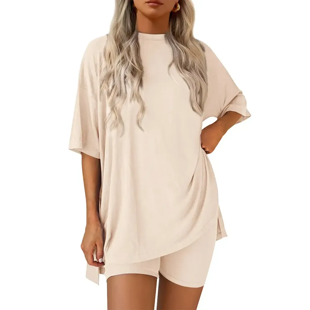 Crewneck Two-Piece Set For Women Summer Casual Oversized Split Hem Shirts