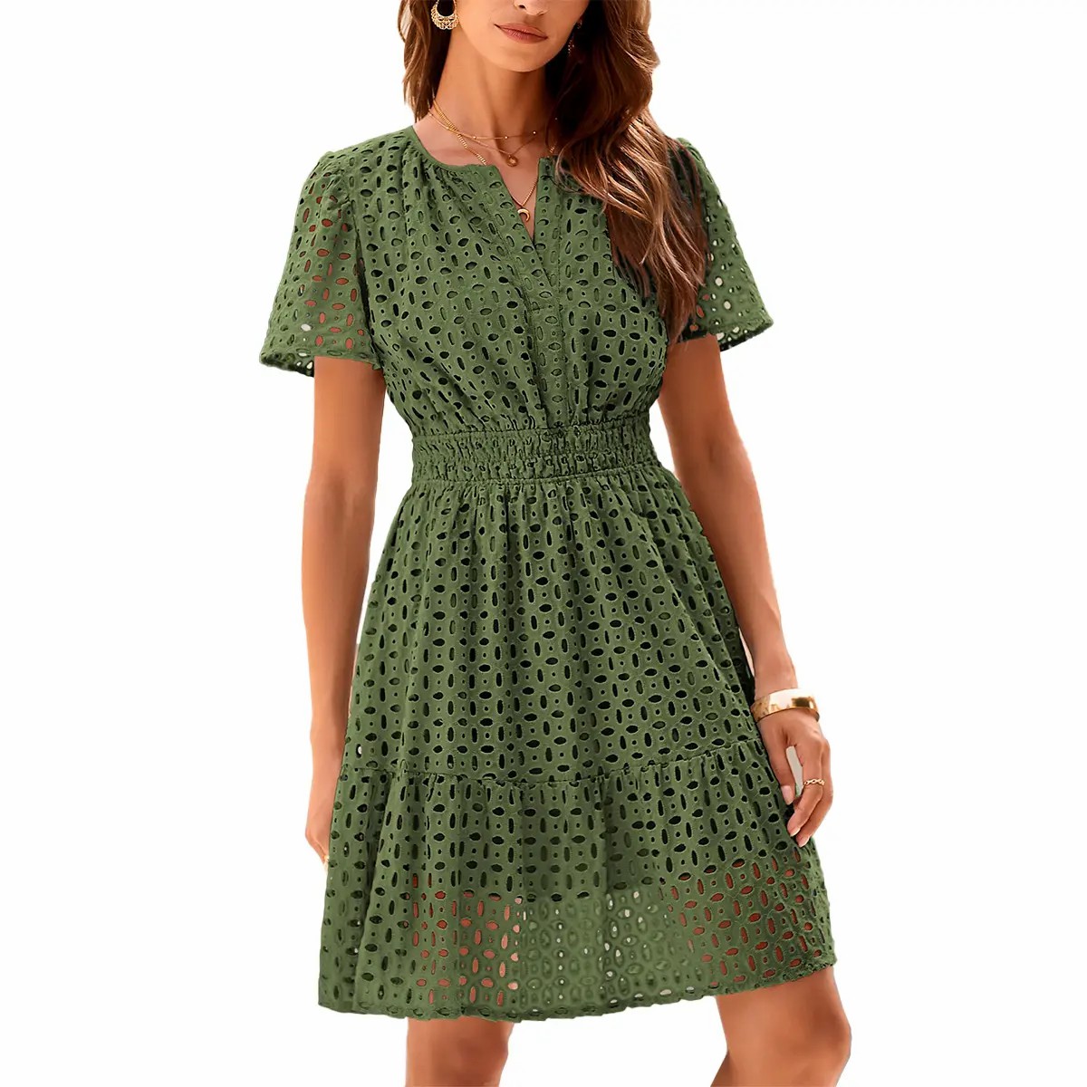 Women’s Eyelet Lace A-Line Summer Dress – V-Neck Ruffle Casual Mini Dress