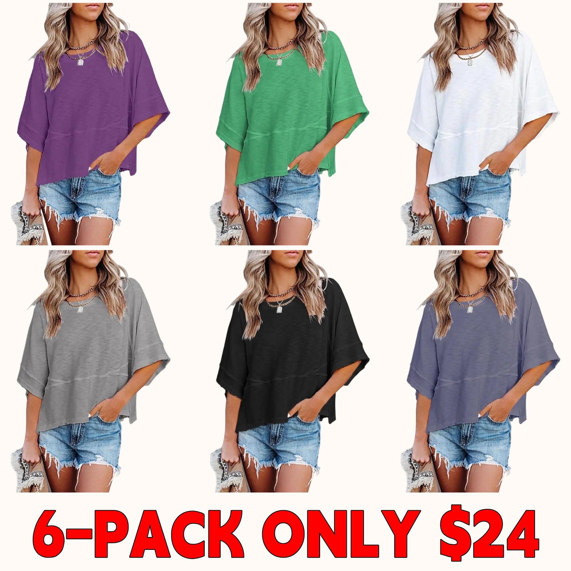 Women's Summer Casual Crewneck Batwing Half Sleeve T-Shirts Solid Color Loose Fit Cute Basic Flowy Tops Tees Blouses