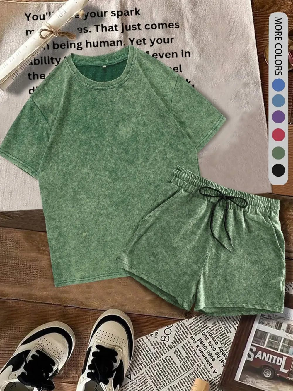 Women's Solid-Color Faux-Denim Print T-Shirt and Shorts Two-Piece Set